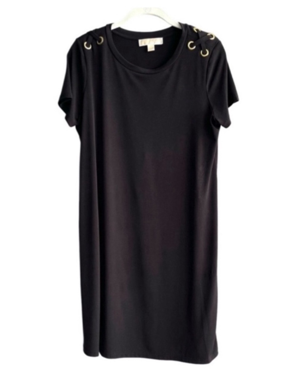 Michael Kors Short Sleeve Dress Shoulder Detail Jersey Shift Black Gold Size M
